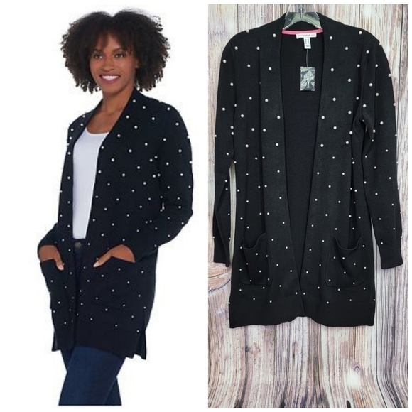 Isaac Mizrahi Black Faux Pearl Long Open Front Cardigan - Picture 1 of 11